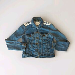 Delia’s Denim Jean Jacket Womens Small Y2K Crochet Flowers Floral